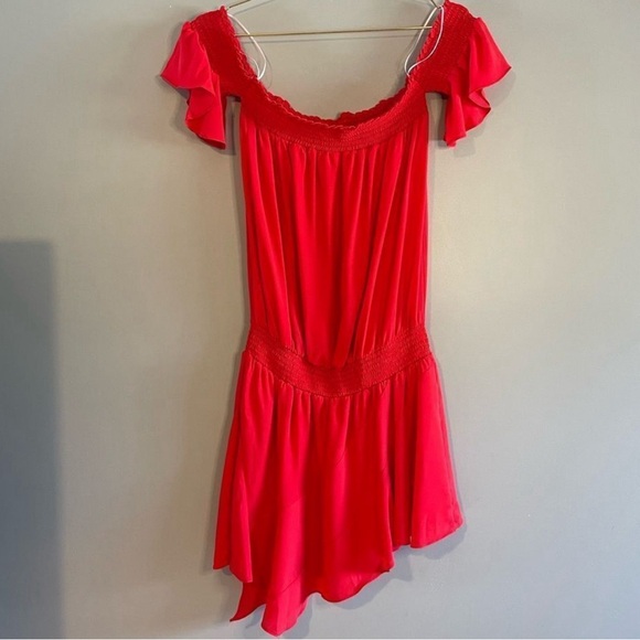 Amanda Uprichard Ariella Off the Shoulder Smocked Dress in Lipstick Red | SZ M - Picture 4 of 4